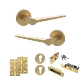 Senza Pari Laviano Door Handle Pack (Euro Lock Set - 2.5" CE Sashlock, 4" Slim Knuckle Hinges x2) - Satin Brass