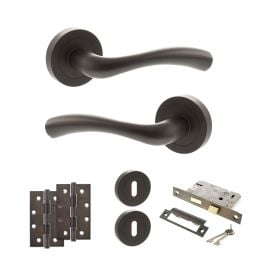 STATUS Texas Door Handle Pack (3 Lever Lock Set - 2.5" CE Sashlock, 4" Slim Knuckle Hinges x2) - Urban Dark Bronze