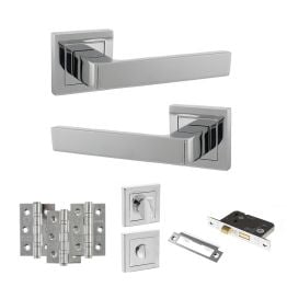STATUS Montana Door Handle Pack (Bathroom Set - 3" CE Bathroom Lock, 3" Fire Rated Hinges x3) - Polished Chrome