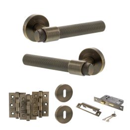 Senza Pari Andretta Door Handle Pack (3 Lever Lock Set - 2.5" CE Sashlock, 3" Fire Rated Hinges x3) - Antique Brass