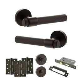 Senza Pari Fasana Door Handle Pack (Bathroom Set - 3" CE Bathroom Lock, 4" Fire Rated Hinges x3) - Urban Dark Bronze