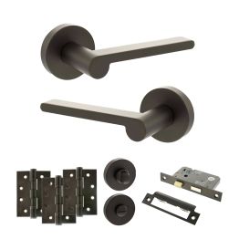 Senza Pari Darrio Door Handle Pack (Bathroom Set - 3" CE Bathroom Lock, 4" Fire Rated Hinges x3) - Urban Dark Bronze