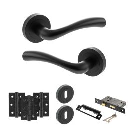 STATUS Texas Door Handle Pack (3 Lever Lock Set - 2.5" CE Sashlock, 3" Fire Rated Hinges x3) - Matt Black