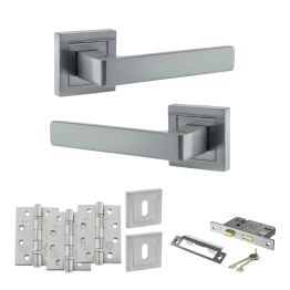 STATUS Montana Door Handle Pack (3 Lever Lock Set - 3" CE Sashlock, 4" Fire Rated Hinges x3) - Satin Chrome