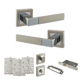 STATUS Montana Door Handle Pack (Bathroom Set - 2.5" CE Bathroom Lock, 4" Fire Rated Hinges x3) - Satin Nickel/Polished Chrome