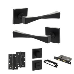 Senza Pari Guido Door Handle Pack (Bathroom Set - 2.5" CE Bathroom Lock, 4" Slim Knuckle Hinges x2) - Matt Black