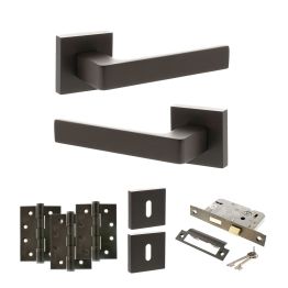 STATUS Montana Door Handle Pack (3 Lever Lock Set - 3" CE Sashlock, 4" Fire Rated Hinges x3) - Urban Dark Bronze