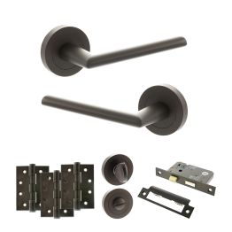 STATUS Alabama Door Handle Pack (Bathroom Set - 3" CE Bathroom Lock, 4" Fire Rated Hinges x3) - Urban Dark Bronze