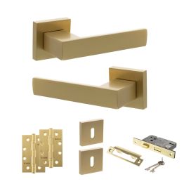 Senza Pari Panetti Door Handle Pack (3 Lever Lock Set - 3" CE Sashlock, 4" Slim Knuckle Hinges x2) - Satin Brass