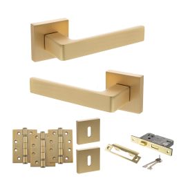 STATUS Montana Door Handle Pack (3 Lever Lock Set - 2.5" CE Sashlock, 4" Fire Rated Hinges x3) - Satin Brass