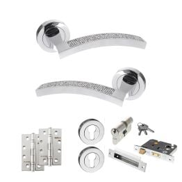 Senza Pari Crystal Door Handle Pack (Euro Lock Set - 2.5" CE Sashlock, 4" Slim Knuckle Hinges x2) - Polished Chrome