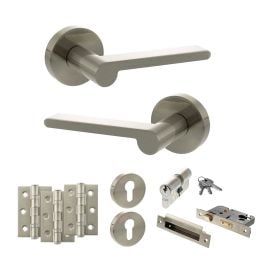 Senza Pari Darrio Door Handle Pack (Euro Lock Set - 3" CE Sashlock, 3" Fire Rated Hinges x3) - Satin Nickel