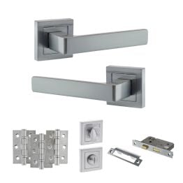STATUS Montana Door Handle Pack (Bathroom Set - 3" CE Bathroom Lock, 3" Fire Rated Hinges x3) - Satin Chrome