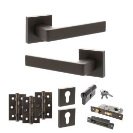 STATUS Montana Door Handle Pack (Euro Lock Set - 3" CE Sashlock, 3" Fire Rated Hinges x3) - Urban Dark Bronze