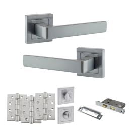 STATUS Montana Door Handle Pack (Bathroom Set - 2.5" CE Bathroom Lock, 4" Fire Rated Hinges x3) - Satin Chrome