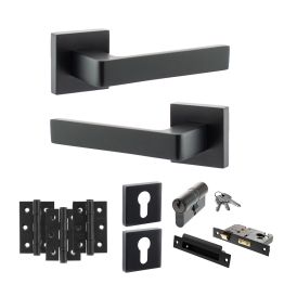 STATUS Montana Door Handle Pack (Euro Lock Set - 3" CE Sashlock, 3" Fire Rated Hinges x3) - Matt Black