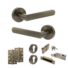 STATUS Carolina Door Handle Pack (Euro Lock Set - 3" CE Sashlock, 4" Slim Knuckle Hinges x2) - Antique Brass
