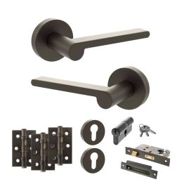 Senza Pari Darrio Door Handle Pack (Euro Lock Set - 2.5" CE Sashlock, 3" Fire Rated Hinges x3) - Urban Dark Bronze