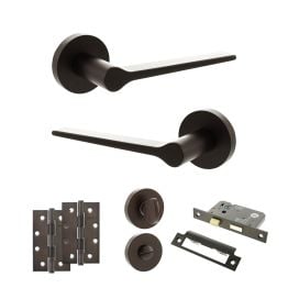 Senza Pari Laviano Door Handle Pack (Bathroom Set - 2.5" CE Bathroom Lock, 4" Slim Knuckle Hinges x2) - Urban Dark Bronze