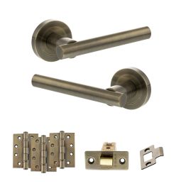 STATUS Nebraska Door Handle Pack (Latch Set - 3" CE Latch, 4" Fire Rated Hinges x3) - Antique Brass