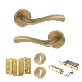 STATUS Texas Door Handle Pack (3 Lever Lock Set - 2.5" CE Sashlock, 3" Fire Rated Hinges x3) - Satin Brass