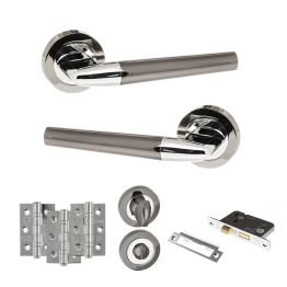 STATUS Tennessee Door Handle Pack (Bathroom Set - 2.5" CE Bathroom Lock, 3" Fire Rated Hinges x3) - Black Nickel/Polished Chrome