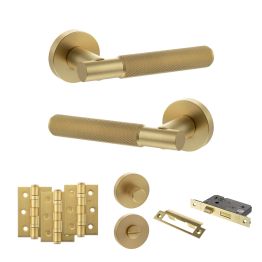 Senza Pari Rosarno Door Handle Pack (Bathroom Set - 2.5" CE Bathroom Lock, 3" Fire Rated Hinges x3) - Satin Brass