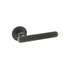 Millhouse Brass Stephenson Knurled Lever Door Handle on 5mm Slimline Round Rose - Urban Dark Bronze