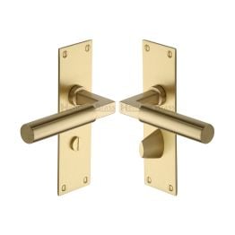Heritage Brass Door Handle for Bathroom Bauhaus Design Satin Brass finish