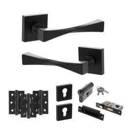 Senza Pari Guido Door Handle Pack (Euro Lock Set - 2.5" CE Sashlock, 3" Fire Rated Hinges x3) - Matt Black