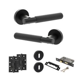 Senza Pari Rosarno Door Handle Pack (3 Lever Lock Set - 3" CE Sashlock, 4" Slim Knuckle Hinges x2) - Matt Black