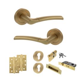 STATUS Indiana Door Handle Pack (Euro Lock Set - 3" CE Sashlock, 4" Slim Knuckle Hinges x2) - Satin Brass