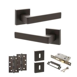 STATUS Montana Door Handle Pack (3 Lever Lock Set - 3" CE Sashlock, 4" Slim Knuckle Hinges x2) - Urban Dark Bronze