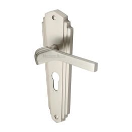 Heritage Brass Door Handle for Euro Profile Plate Waldorf Design Satin Nickel finish