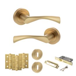 STATUS Colorado Door Handle Pack (3 Lever Lock Set - 2.5" CE Sashlock, 3" Fire Rated Hinges x3) - Satin Brass