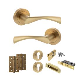 STATUS Colorado Door Handle Pack (Euro Lock Set - 2.5" CE Sashlock, 4" Slim Knuckle Hinges x2) - Satin Brass
