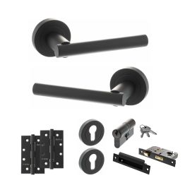 STATUS Nebraska Door Handle Pack (Euro Lock Set - 2.5" CE Sashlock, 4" Slim Knuckle Hinges x2) - Matt Black
