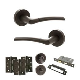 STATUS Indiana Door Handle Pack (Bathroom Set - 3" CE Bathroom Lock, 4" Fire Rated Hinges x3) - Urban Dark Bronze