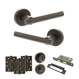STATUS Nebraska Door Handle Pack (Bathroom Set - 3" CE Bathroom Lock, 4" Fire Rated Hinges x3) - Urban Dark Bronze
