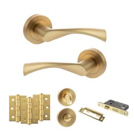STATUS Colorado Door Handle Pack (Bathroom Set - 2.5" CE Bathroom Lock, 3" Fire Rated Hinges x3) - Satin Brass