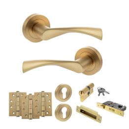 STATUS Colorado Door Handle Pack (Euro Lock Set - 3" CE Sashlock, 4" Fire Rated Hinges x3) - Satin Brass