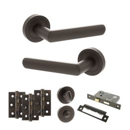 STATUS Carolina Door Handle Pack (Bathroom Set - 3" CE Bathroom Lock, 3" Fire Rated Hinges x3) - Urban Dark Bronze