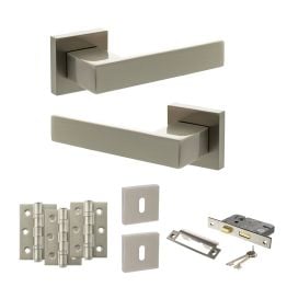 Senza Pari Panetti Door Handle Pack (3 Lever Lock Set - 3" CE Sashlock, 3" Fire Rated Hinges x3) - Satin Nickel
