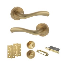 STATUS Texas Door Handle Pack (Bathroom Set - 3" CE Bathroom Lock, 4" Slim Knuckle Hinges x2) - Satin Brass
