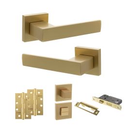 Senza Pari Panetti Door Handle Pack (Bathroom Set - 2.5" CE Bathroom Lock, 4" Slim Knuckle Hinges x2) - Satin Brass