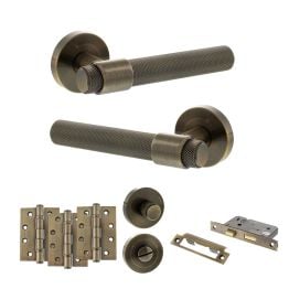 Senza Pari Andretta Door Handle Pack (Bathroom Set - 3" CE Bathroom Lock, 4" Fire Rated Hinges x3) - Antique Brass