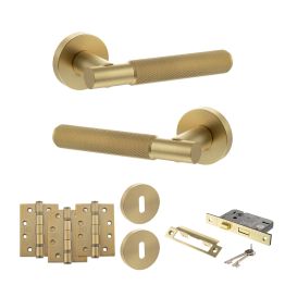 Senza Pari Rosarno Door Handle Pack (3 Lever Lock Set - 2.5" CE Sashlock, 4" Fire Rated Hinges x3) - Satin Brass