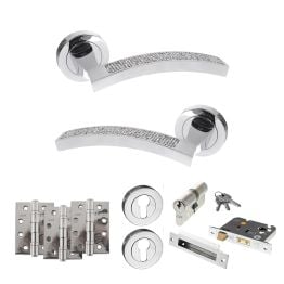 Senza Pari Crystal Door Handle Pack (Euro Lock Set - 2.5" CE Sashlock, 4" Fire Rated Hinges x3) - Polished Chrome