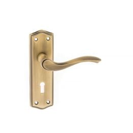 Old English Warwick Key Lever Door Handle on Backplate - Matt Antique Brass