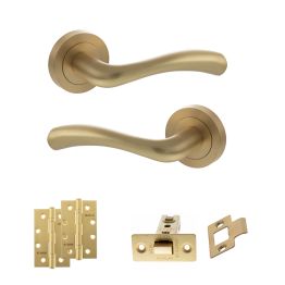 STATUS Texas Door Handle Pack (Latch Set - 3" CE Latch, 4" Slim Knuckle Hinges x2) - Satin Brass